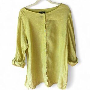 Tahari yellow linen button down roll tab sleeve tunic top 2X beach boho coastal